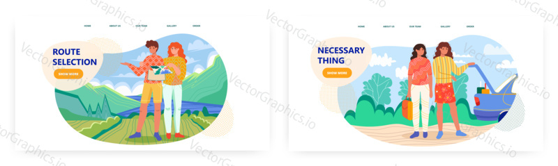 Couple using a map to find the route. Outdoor travel vector concept illustration. Friends pack their luggage to car trunk. Adventure trip in mountains. Web site design template.