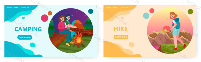 Couple sit next to campfire in forest. Hike and outdoor sport activity vector concept illustration. Girl hiking with backpack in mountains. Web site design template.