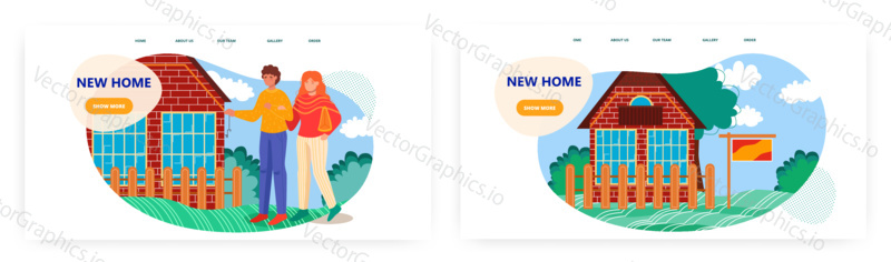 Couple looking around their new house. Real estate and property rent vector concept illustration. Home fo sale. Web site design template for real estate agency.