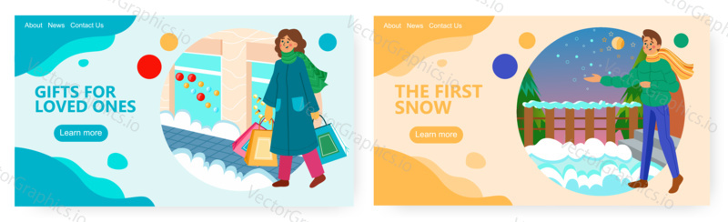 Winter holiday season vector concept illustration. Christmas sale, woman with shopping bags buy gifts. Man enjoys first winter snow. Web site design template.