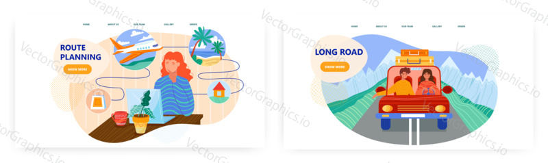 Couple in a car going to road trip. Travel planning vector concept illustration. Woman dreaming about vacation and plan her holiday route. Web site design template for summer travel.
