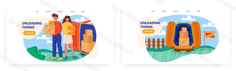Moving service vector concept illustration. Family relocate and move to another house. Open delivery truck with cardboard packages. Unloading boxes. Web site design template.