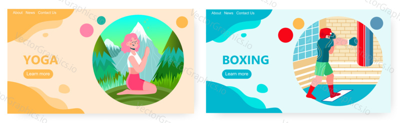 Woman practice yoga in outdoor nature landscape. Man workout in boxing gym. Vector concept illustration. Meditation with mountain background. Web site design template.