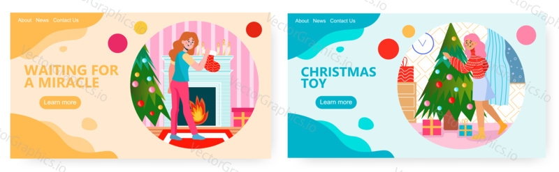 Christmas holiday home decoration vector concept illustration. Happy woman decorate christmas tree. Web site design template. Fireplace.