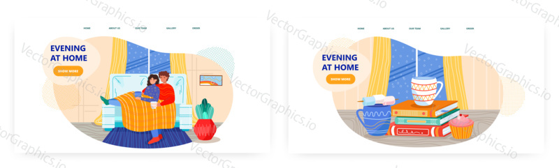 Happy couple drinks coffee and lying on sofa wrapped by blanket. Stay at home on comfortable couch vector concept illustration. Cozy home with hot drinks and books. Web site design template.