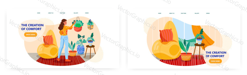 Woman making comfort in her house. Cozy home vector concept illustration. Beanbag puff chair, cozy room interior with house plants, relax lifestyle. Web site design template.
