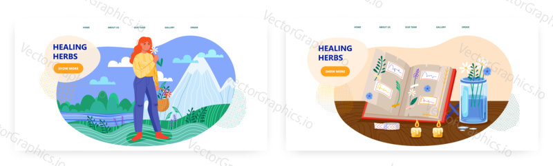 Woman collects herbs in mountain meadow. Herbarium book with dry flowers and plants. Healing herbs vector concept illustration. Girl hand picking flowers. Web site design template.