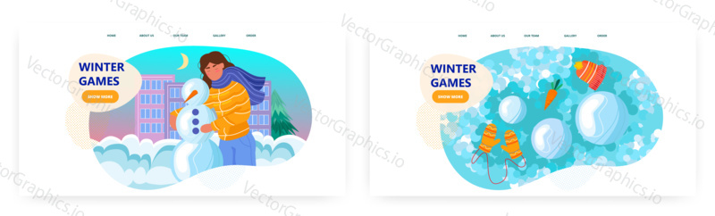 Happy girl making a snowman for christmas and new year holiday. Winter outdoor activities vector concept illustration. Winter games with snow. Web site design template.