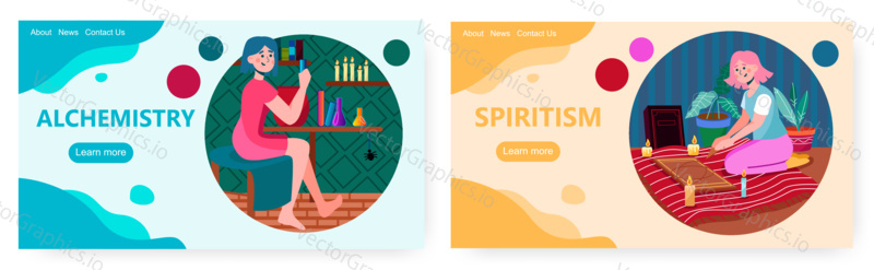 Woman boiling alchemy spiritual drink. Occult and divination vector concept illustration. Girl using divination board to predict future and fortune. Web site design template.
