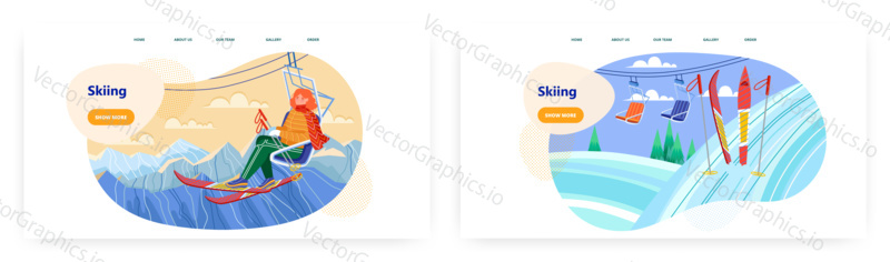 Woman with ski sit on chairlift. Winter holiday on mountain ski resort vector concept illustration. Skiing sport. Snow mountain winter landscape. Web site design template.