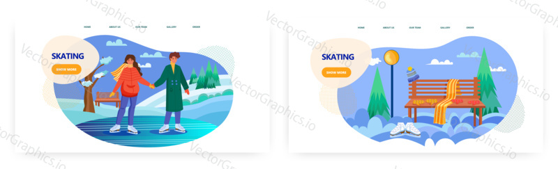 Romantic cople ice skating on a lake. Winter holiday sport activity vector concept illustration. Outdoor ice rink. Ice skating park with bench. Web site design template.