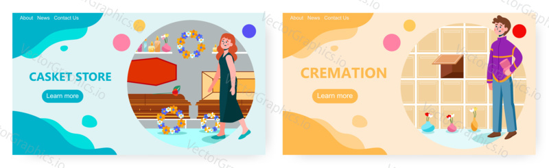 Woman is choosing a coffin or casket for a funeral. Cremation concept vector illustration. Man put urn with ash to columbarium. Coffin store.