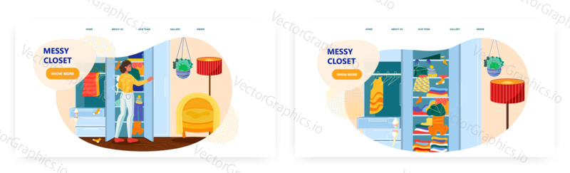 Woman is choosing dress from her messy closet. Mess at home concept vector illustration. Room interior with wardrobe. Clothes scattered around closet.