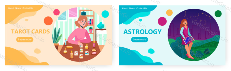 Tarot reader or fortune teller reading and forecasting future using tarot card. Astrology vector concept illustration. Woman watching night stars using sky map. Web site design template.