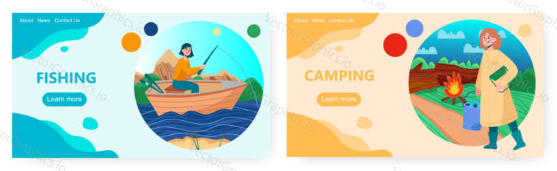 Woman fishing on a lake from a boat. Girl going to boil fish on bonfire. Summer outdoor activity and camping vector concept illustration. Web site design template.