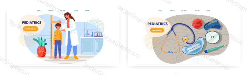 Pediatric doctor uses stadiometer to measure height of young boy patient. Medical concept vector illustration. Pediatrician and family physician doctor. Pediatric medicine tools.