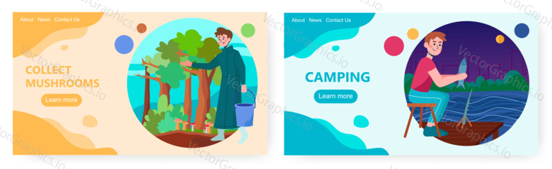Man collect mushrooms in a forest. Man fishing on a lake. Summer holiday and weekend acticities vector concept illustration. Fisherman on a pier, forest mushrooms. Web site design template.