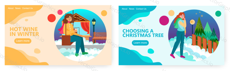 Woman choose christmas tree in a forest. Winter season vector concept illustration. Girl drinks hot wine and sit on a swing in a park.Web site design template.