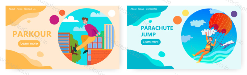 Man jump with parachute from the plane. Urban parkour and sky diving. Extreme sport vector concept illustration. Web site design template.