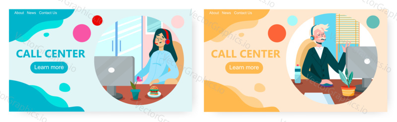 Call center operator using headset to talk by phone. Customer service concept vector illustration. Office desk with computer, online call, video conference and webinar.