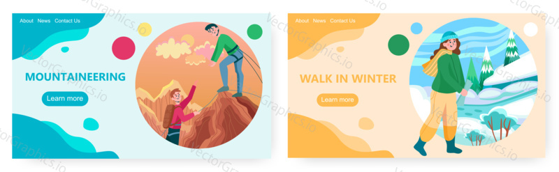 Two man climb to the top of the rock mountain. Outdoor and extreme sport vector concept illustration. Woman walks in winter forest. Climber on mountain peak. Web site design template.