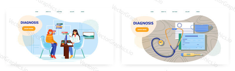 Woman meets doctor in hospital. Healthcare medical concept vector illustration. Patient in the clinic talks to female doctor in a mask. Desk with medical equipment. Clinic appointment.