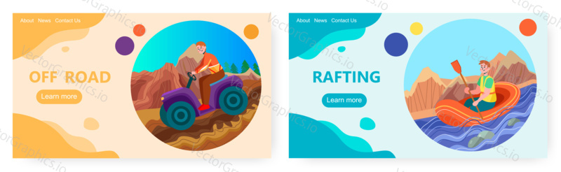 Man on atv drives off road. Extreme sport and adventure vector concept illustration. Man rafting alone on mountain river. Web site design template.