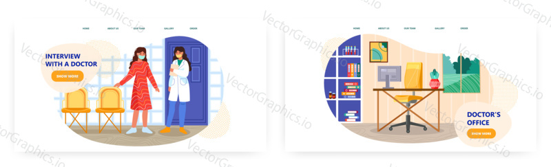 Woman in mask talks to doctor in clinic. Patient has an appointment with doctor. Concept vector illustration. Empty office interior with computer on a desk. Home office workplace.