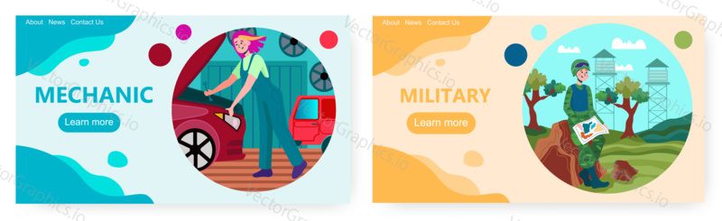 Female mechanic in auto repair service. Women career diversity concept vector illustration. Female soldier in army. Woman in military uniform.