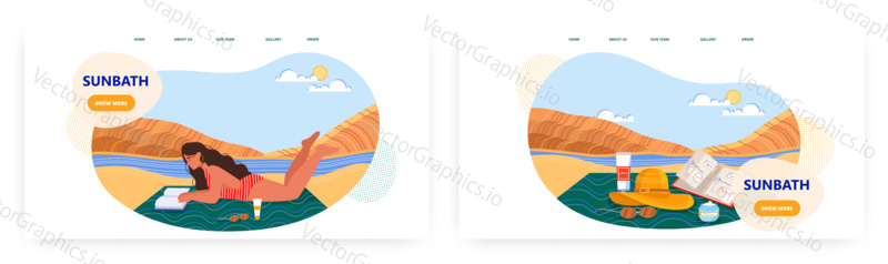 Woman laying on a beach and reading book. Summer vacation concept vector illustration. Holiday on a beach, summer accessories, girl in bikini.