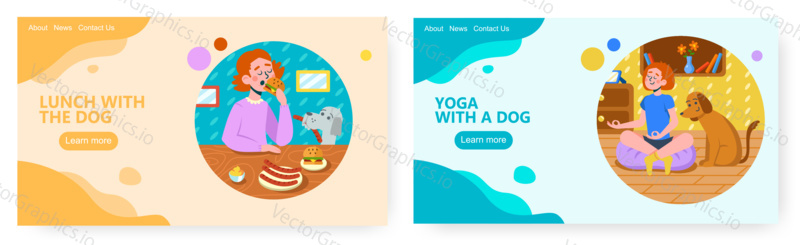 Dog eats sausage with her owner from dinning table. Home pet vector illustration. Woman is doing yoga meditation next to her dog. Animal lover lifestyle.