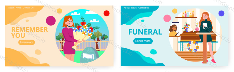 Woman stays next to coffin and gives funeral speech concept vector illustration. Woman brings flowers to dead relatives graveyard at the cemetery.
