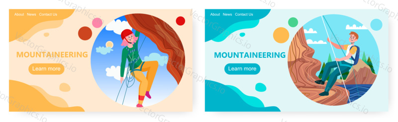 Woman climber hanging on a rock. Climber holds safery rope. Rock and mountain climb vector concept illustration. Extreme sport climbing, safety harness, mountaineer. Web site design template.