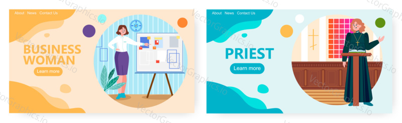 Business woman making presentation and pointing at the board. Concept vector illustration. Female priest preaching sermon in catholic church. Woman presents business plan.