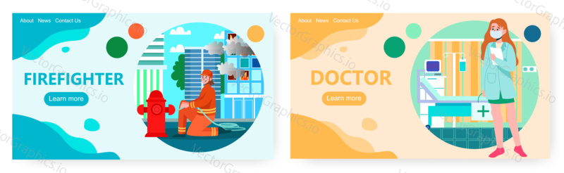 Firefighter uses gydrant and fights fire in building. Rescue personal vector concept illustration. Nurse in face mask in hospital ward. Web site design template.