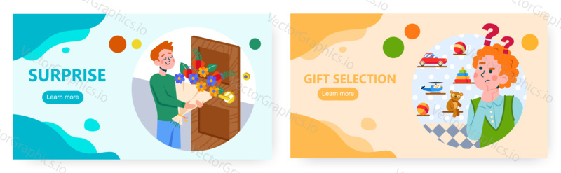 Boy trying to choose a new toy in kids store for his birthday gift. Man with flowers bouquet in front of the door. Vector concept illustration. Web site design template.