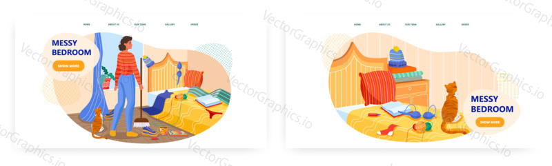 Messy bedroom interior. Vector concept illustration. Young woman cleaning untidy room at home. Mess in house.