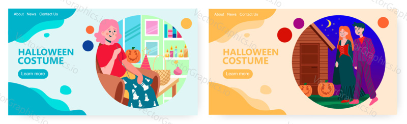 Halloween costume concept vector concept illustration. Woman sewing shirt for halloween carnival with ghost print. Web site design template.