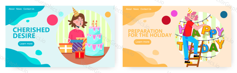 Happy girl blows candles on her birthday cake and enjoy her gifts. Birthday party vector concept illustration. Woman hanging up paper garlands to preparing the birthday party. Web site design.