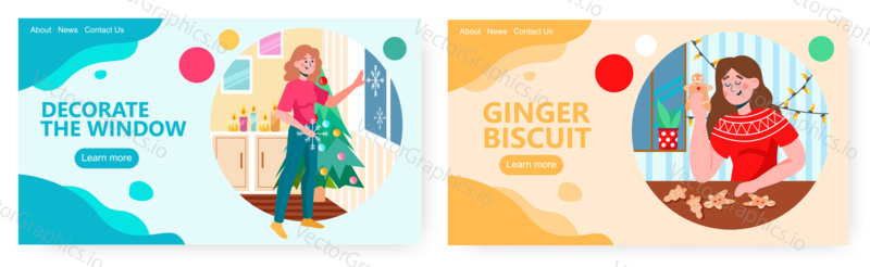 Woman decorate house for christmas holiday. Festive season vector concept illustration. Woman making gingerbread cookie, christmas ginger biscuit. Web site design template.