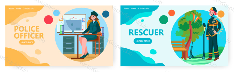Female police detective in uniform. Woman police officer. Rescue vector concept illustration. Firefighter come to rescue a kite. Web site design template.