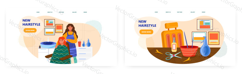Woman in hair beauty salon, cocept vector illustration. Hairdresser making haircut to female client. Hair cut salon interior and stylist professional equipment. Chair, scissors, spray bottle.