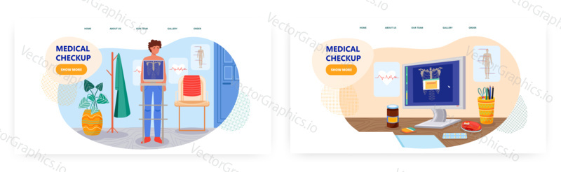 Man patient in hospital doing chest xray screening. Medical concept vector illustration. X-ray scan machine. X ray image on a computer screen in doctor office. Medical checkup, radiology.