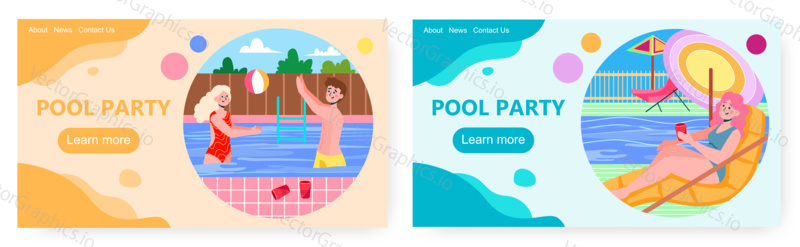 Summer pool party vector concept illustration. People enjoy vacation and drink beer by swimming pool. Young woman and man dance and swim.