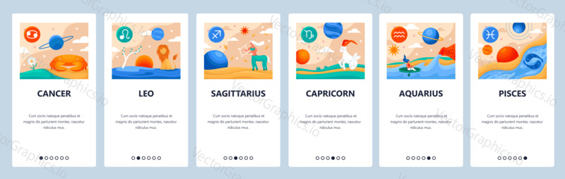 Horoscope signs vector set. Mobile app user interface with colorful icons. Zodiac symbols, cancer, capricorn, aquarius, pisces, sagittarius, leo. Astrology and horoscope calendar symbols.