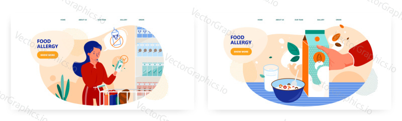 Food allergy landing page design, website banner template set, flat vector illustration. Woman suffering from cow milk allergy. Food allergen. Almond milk, dairy free alternative.