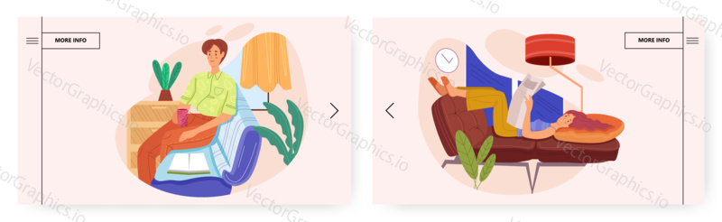 Reading book landing page design, website banner template set, flat vector illustration. Male and female characters taking rest and enjoying reading at home.
