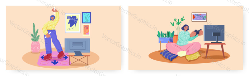 Games to play at home, landing page design, website banner template set, flat vector illustration. Happy women playing video game console, dance motion game and having fun. Home leisure, entertainment