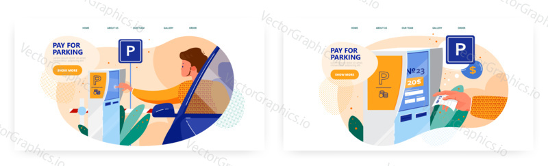 Оплата парковки, дизайн целевой страницы, набор шаблонов баннеров сайта, плоская векторная иллюстрация. Киоск оплаты парковки автомобиля. Технологии самообслуживания.