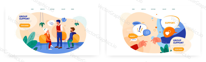 Group support landing page design, website banner template set, flat vector illustration. People meeting to discuss their problems and help each other. Group therapy, psychotherapy session, counseling